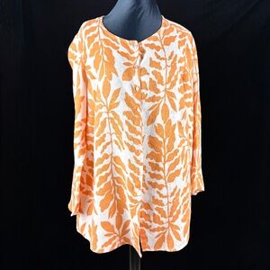 Rachel Zoe 1X Linen Tunic Over Shirt Front Button Orange Tropical Leaf Cruise